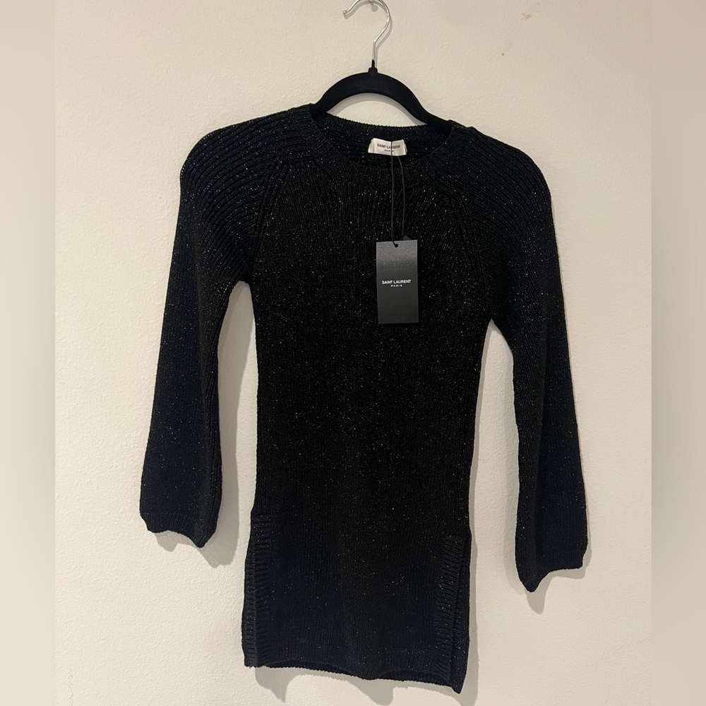 Saint Laurent sparkly knit sweater side slits trumpet long sleeve black XS NWT